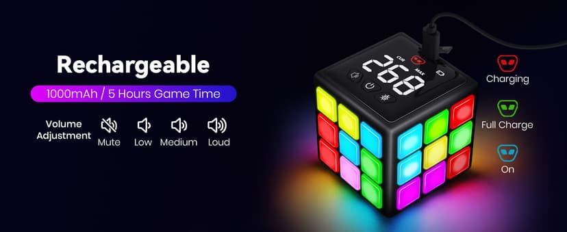Rechargeable Game Handheld Cube - 15 Fun Brain & Memory Game with Score Screen - Christmas Easter Birthday Gifts for Boys Girls Ages 6-12+ Years Old - Toy Gift Idea for Kids Teens (Black)