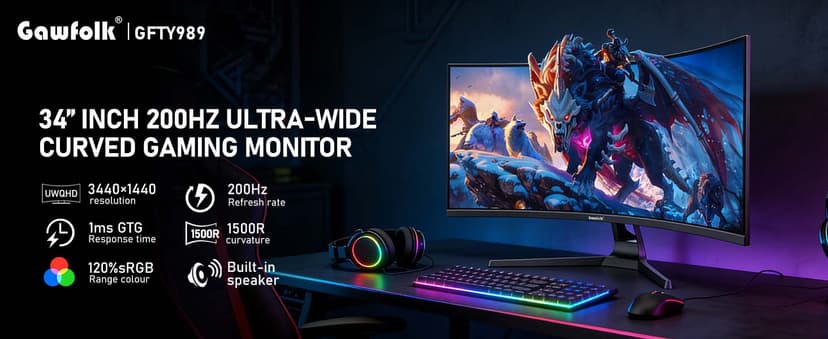 Gawfolk 34 Inch Ultrawide Curved 200Hz Gaming Computer Monitor,1500R PC Screen 21:9 UWQHD (3440x1440),120% sRGB,Adaptive Sync,Built-in Speaker,Display Port、HDMI,Compatible with Wall mounting -Black