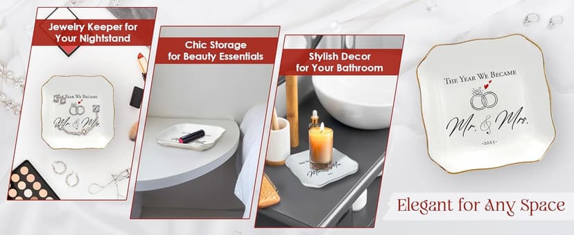 OASSIE Wedding Gifts for Couple 2025 - Mr & Mrs 4"x4" Ceramic Jewelry Dish Tray - Bridal Shower Gifts for Women, Marriage Gift Ideas, Anniversary Engagement Gifts for Couples, Jewelry Holder Dish