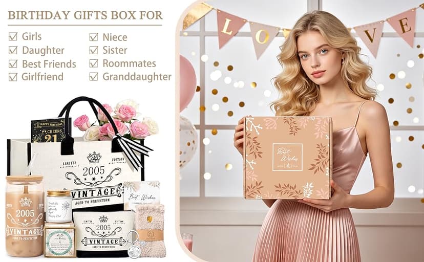 Jumway 21st Birthday Gifts for Women, Happy 21 Year Old Birthday Gifts for Women, Glass Cup & Canvas Tote 2005 Decorations & Ideas for Sister Daughter Girlfriend Her Friends B0GZ3YB5T7