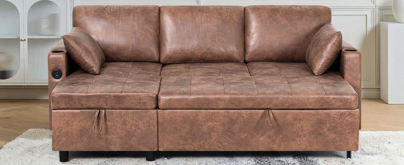 Lesofair 84" L-Shape Pull Out Sofa Bed with Adjustable Backrest, Upholstered Sectional Sleeper Sofa with Storage Chaise, Suede Leather Reversible Couch Bed with USB Port for Living Room, House, Brown