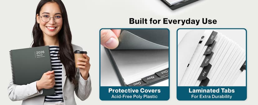 Dunwell 2026 Planner Book 8.5x11, Weekly Monthly Calendar, Jan to Dec, Large Daily Organizer with Laminated Tabs, Bookmark, Notes Section & Stickers