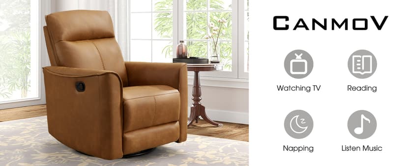 CANMOV Swivel Rocker Recliner, Glider Rocking Chair, Nursing Chairs Swivel Glider Recliners with Soft Backrest, Leathaire Manual Reclining Sofa for Living Room Bedroom Apartment, Brown