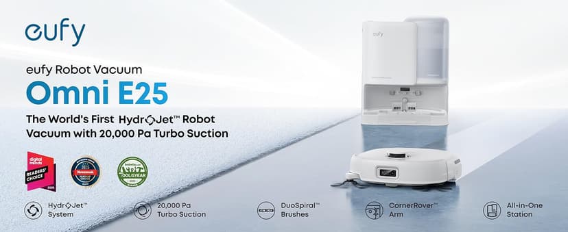 eufy Robot Vacuum E25, HydroJet System with Roller Mop, 20,000 Pa Turbo Suction, All-in-One Robot Vacuum and Mop Combo, Edge-to-Corner Cleaning, Zero-Tangle Design, AI Obstacle Avoidanced, White