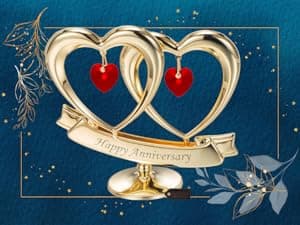 Matashi 24K Gold Plated "Happy Anniversary" Double Heart Table Top Ornament With Red-Cut Crystals