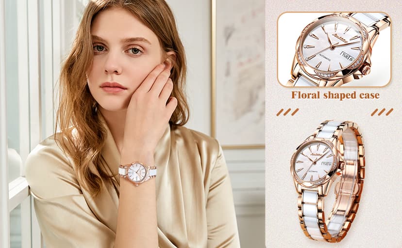 OLEVS Womens Big Face Automatic Watch, Diamond Accented Self Winding Dress Watch for Women, 50M Waterproof Day-Date Sapphire Crystal, Two Tone Stainless Steel Ceramic Band, White/Blue/Green/Red Dial