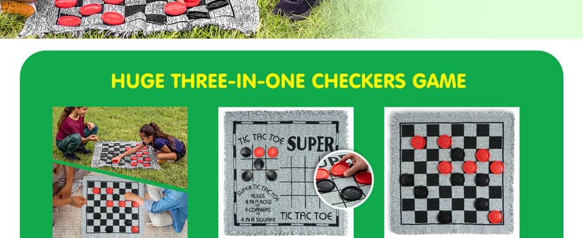 3-in-1 Vintage Giant Checkers, Tic, Tac, Toe, with Reversible Mat, 24 Chips, Family Board Game, Lawn Game, BBQ Party Favor, Indoor and Outdoor Activity for Kids and Adults
