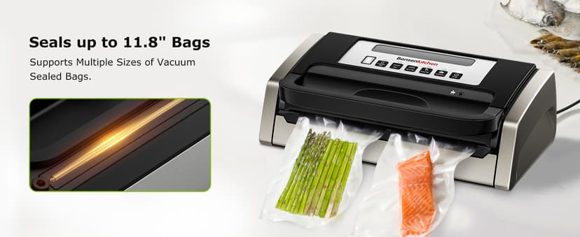 Bonsenkitchen Vacuum Sealer Machine, Globefish Technology for Perfect Vacuum Sealing, Powerful Low-Noise Food Vacuum Sealer with Easy Handle Design, Built-in Cutter & Bag Storage, 1 Bag Roll & 10 Bags