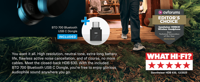 Sennheiser HDB 630 Wireless Over-Ear Headphones - Hi-Res Audiophile Sound, Adaptive Noise Cancellation, Parametric EQ, 60 Hour Battery Life, Includes USB-C Low-Latency Bluetooth Adapter - Black