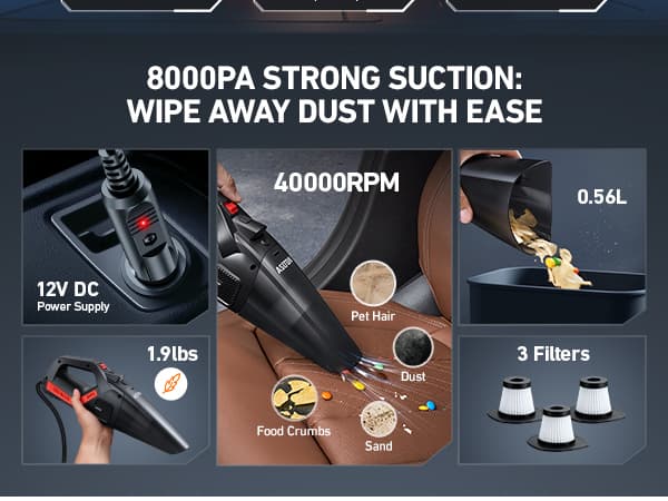 AstroAI 4-in-1 Car Vacuum Cleaner and Tire Inflator Portable with Accessories Air Compressor Digital Dual Values Display, 150 PSI Car Tires Air Pump with LED Light, 12V DC, 16.4FT Cord for Auto