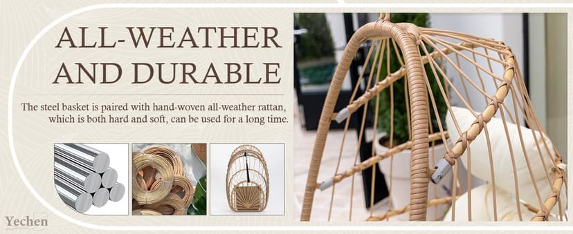 Yechen Hanging Egg Chair with Stand and Footrest for Indoor Outdoor, Foldable Wicker Rattan Patio Egg Swing Chairs Hammock Egg Chair with UV Resistant Cushion for Bedroom Porch, 350 Lbs Capacity