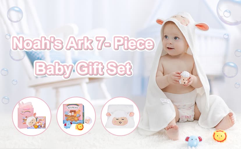 My First Noahs Ark 7 pcs Baptism Gift Set, Dedication, Christening and Baptism Gifts for Girl and Newborn Baby, Includes Washcloth and Hooded Towel,Baby Bath Book, 3 Bath Toys and Gift Bag