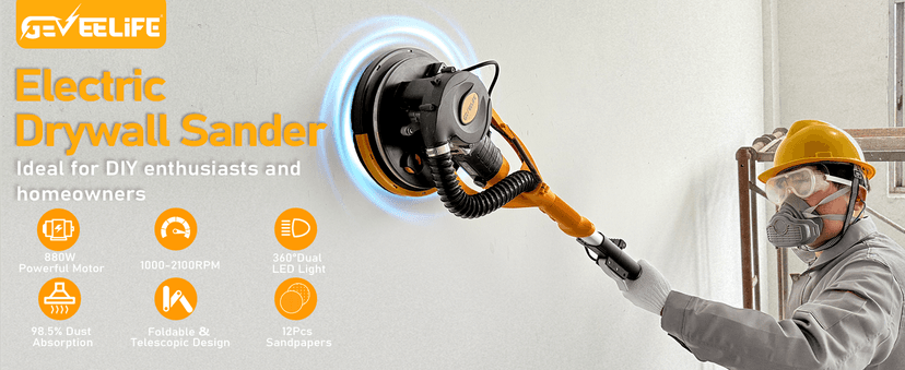 GEVEELIFE Drywall Sander, 880W 7.33A Electric Drywall Sander with Vacuum Dust Collector, 5 Variable Speed 1000-2100RPM, LED Light, Foldable & Extendable Handle, 12 Sanding Discs (Dark Orange)