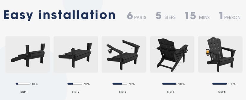 KINGYES Folding Adirondack Chair Set of 6, HDPE All-Weather Patio Chairs, Wooden Textured Lawn Chair for Poolside, Backyard, Deck, Fire Pit, Black