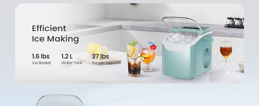 Portable Ice Maker Machine with Handle, 26lbs/24Hrs, 6Mins/9 Ice Cubes, Self-Cleaning with Basket/Scoop, Countertop Ice Makers for Home/Kitchen/Office(Green)