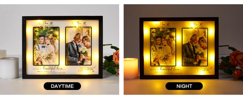 Then & Now 50th Anniversary Picture Frame for Couple, Celebrate Years of Love Anniversary Wooden Photo Frame for Parents, Husbands, Wives, Wedding Engagement Gifts, Double Frame 4x6 Photos Black