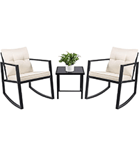 Devoko Dining 7 PCS Furniture, Patio Conversation Set with Acacia Wood Table Top, Outdoor, Beige Cushion and Black Rattan
