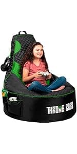 Throne Boss Gaming Bean Bag Chair Cover for Kids with High Back, Blue – Gamer Chair for Kids with 2 x Large Side Pockets, Headphone Hanger, Easy to Clean Fabric, Requires 200 Liters Polystyrene Beans