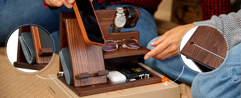 TESLYAR Wood Phone Docking Station for Men - Desktop or Nightstand Organizer - Birthday Gifts for Men, Dad - Anniversary Idea from Wife - Key Holder, Stand Wallet, Watch & Essentials (Bourbon Brown)