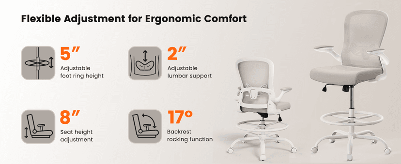 ErGear Drafting Chair,Tall Office Chair with Flip-Up Armrests, High Desk Chair Adjustable Height and Adjustable Footrest Ring, Ergonomic Standing Desk Chair with Lumbar Support, Khaki