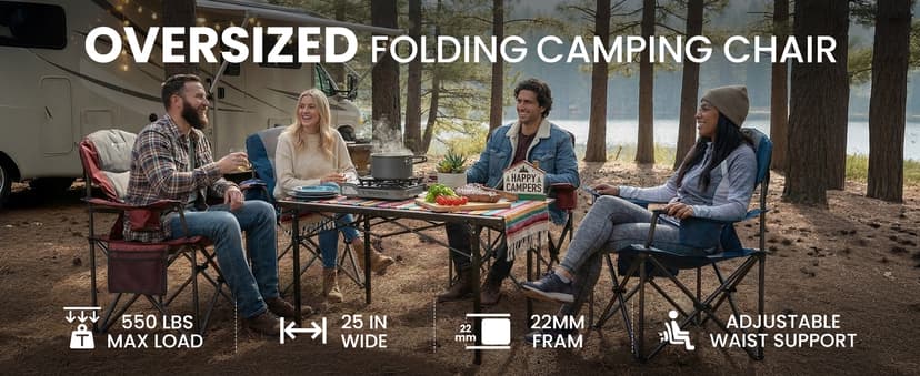 KingCamp Oversized Camping Chair with Adjustable Lumbar Support, 550lbs Heavy Duty Padded Folding Lawn Chair for Adults, Outdoor Armchair with Cooler Bag, Cup Holder & Side Pocket for Fishing, Travel