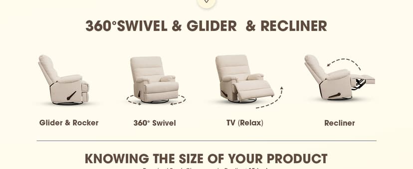 Large Glider Rocker Recliner,Beige Swivel Rocking Recliner Chair,Reclining Sofa Rocking Chair Nursery,23 Inches Deep Seat & 27 inches High Back,for Living Room, Bed Room (Beige)