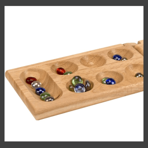 Pressman Mancala Board Game | Fun Classic Table for Adults & Kids | Includes 48 Glass Mancala Stones and Wood Hinged Playing Board | 2 Players, Ages 6+