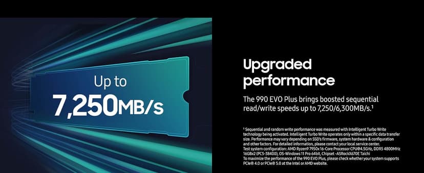 Samsung 990 EVO Plus SSD 2TB, PCIe Gen 4x4, Gen 5x2 M.2 2280, Speeds Up-to 7,250 MB/s, Upgrade Storage for PC/Laptops, HMB Technology and Intelligent Turbowrite 2.0, (MZ-V9S2T0B/AM)