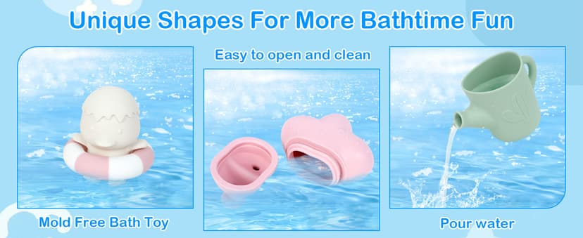 MCGMITT Baby Bath Toys for Kids Ages 1-3, 12 PCS Silicone Mold Free Bathtub Toys for 6-12 Months, Soft Stacking Cups & No Hole Duck & Floating Boats, Beach Sand Water Table Pool Toys for Toddlers