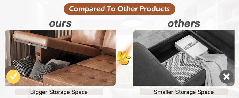 JFHID Leather Sleeper Sofa Couch with Pullout Bed, 80'' Sofa Bed Pull Out Couch with Reversible Storage Chaise, Sectional Couches with USB Charging Ports&Cup Holders for Living Room, Brown