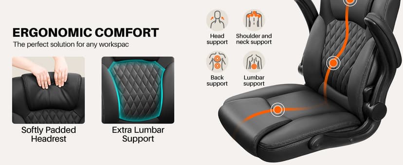 BestEra Leather Office Chair, Ergonomic Executive Desk Chair with Adjustable Armrests, 360° Swivel, High Back & Lumbar Support for Home Office (Black)