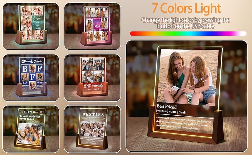 Personalized Best Friend Birthday Gifts for Women, Unique Friendship Gifts, Custom Acrylic Night Light Friend Picture Frame with Photo Name, Long Distance BFF Sister Bestie Christmas Gift