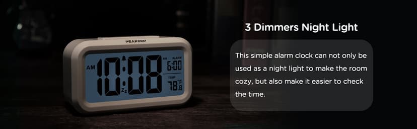 Peakeep Night Light Digital Alarm Clock Battery Operated with Indoor Temperature, Desk Small Clock (White)