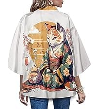 LAI MENG FIVE CATS Women's Floral Print Puff Sleeve Loose Blouse Japanese Kimono Cover up Casual Cute Tops