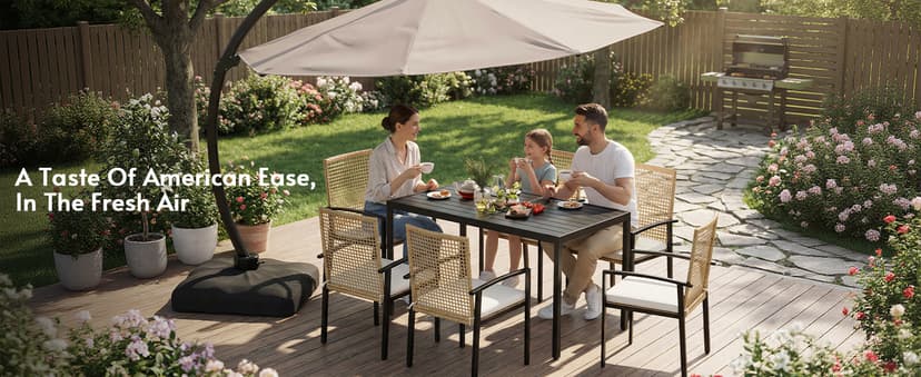 7-Piece Outdoor Dining Set for 6, Patio Dining Set with Hand-Woven Wicker Chairs & Cushions, 60" x 33" x 30" Wider Aluminum Woodgrain Table for Deck, Garden, Backyard