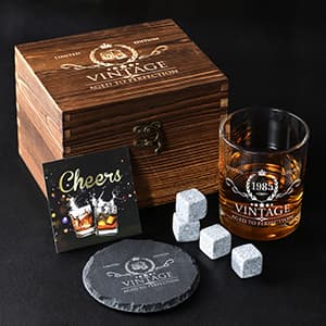 40th Birthday Gifts for Men Whiskey Glass Set - 40th Birthday Decorations, Party Supplies - 40 Year Anniversary, Bday Gifts Ideas for Him, Dad, Husband, Friends - Wood Box & Whiskey Stones & Coaster