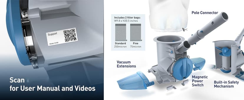 KOKIDO Rechargeable Heavy Duty Pool Leaf Vacuum Cleaner, Commercial Power Suction for Pool Closing, Standard and Fine Filter Bags, for Larger Leaves and Debris, Inground and Above Ground Pools XV910