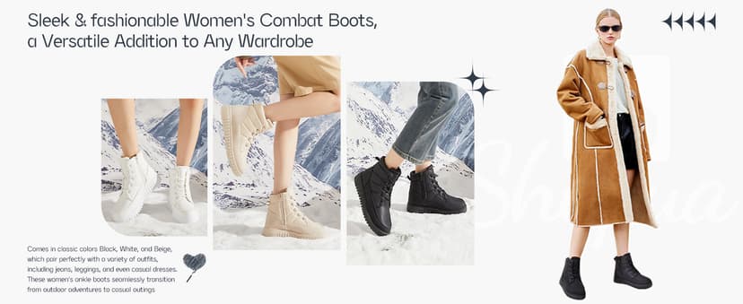 Shupua Boots for Women Winter Combat Boots Womens Ankle Boot Shoes Warm Snow Booties Hiking Sneakers with Zipper