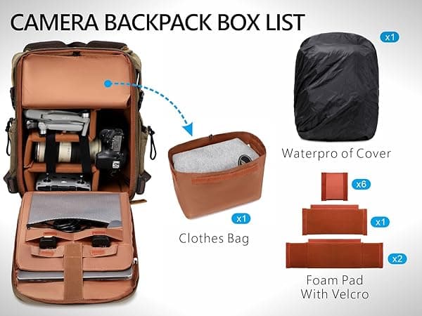 Padwa Lifestyle Khaki Camera Backpack - Professional DSLR & UAV Camera Bag,Anti Theft Canvas Camera Backpacks with Rain Cover,Large Capacity Photography Travel Camera Bag with Multi Compartments