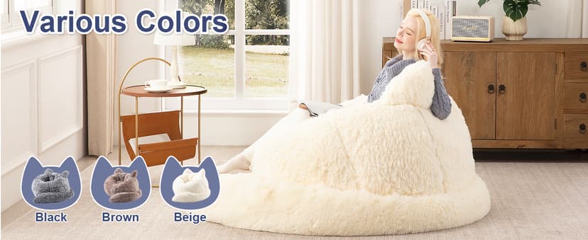 Achicsofar Bean Bag Chair for Adults Teens Giant Faux Fur Bean Bag Chairs with Filler Fluffy Plush Cat Shaped Beanbag Couch Comfy Accent Floor Sofa for Gaming, Reading in Living Room, Bedroom, Dorm