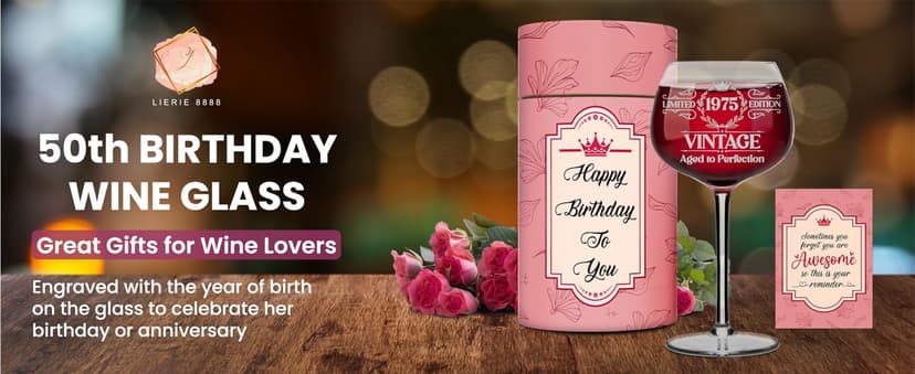 Vintage 1975 Engraved Wine Glass - 50th Birthday Gifts For Her - Cool Gifts For 50 Year Old Woman - 1975 Birthday Present - Fifty Women Gift Ideas - Turning 50 Cup for Wife, Sister, Daughter, Ladies