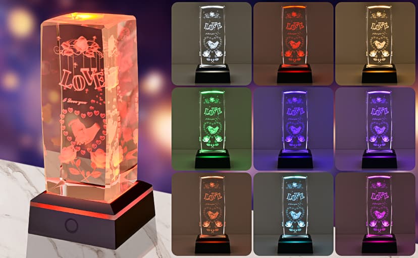 3D Love Crystal Night Light Gifts for Him Her Boyfriend Girlfriend Birthday Christmas, Romantic Love Crystal Lamp Wedding Anniversary Birthday Gift for Women Men Couples Wife Husband