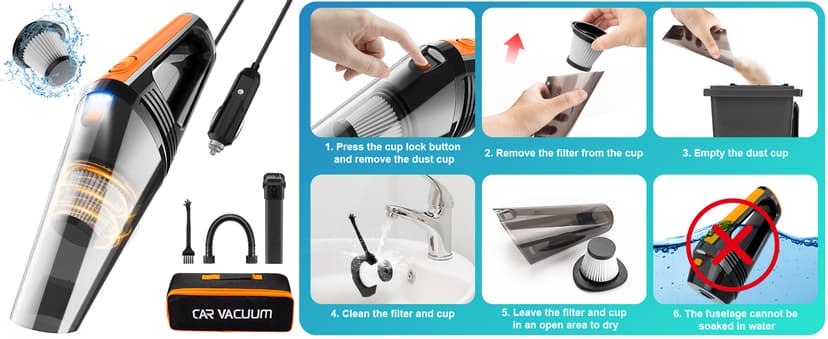 Car Vacuum, Portable Car Vacuum Cleaner High Power 8000Pa, Small 12V Handheld Vacuum with LED Light,16.4Ft Corded, Deep Detailing Cleaning Kit of Car Interior with Dry for Men/Women