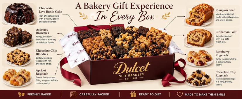 Dulcet Gift Basket - Beautiful Designed Box with Magnetic Closing Clasp - Gift Basket with Freshly Baked Gourmet Goods Each Individually Wrapped - Personalized Notes Included.