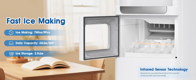 4 in 1 Water Cooler Dispenser with Ice Maker, Hot & Cold Water Dispenser for Home & Office, 33lbs/24H Bullet Ice, Top Loading 3-5 Gallon, Child Safety Lock, Ice Ready in 7 Mins (White)