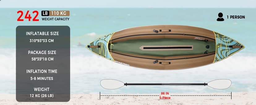 Inflatable Kayak, Portable Ripstop Oxford Cloth Recreational Touring Kayak with Fiberglass Kayak Paddle, Hand Pump and Carrying Bag, 1/2 Person