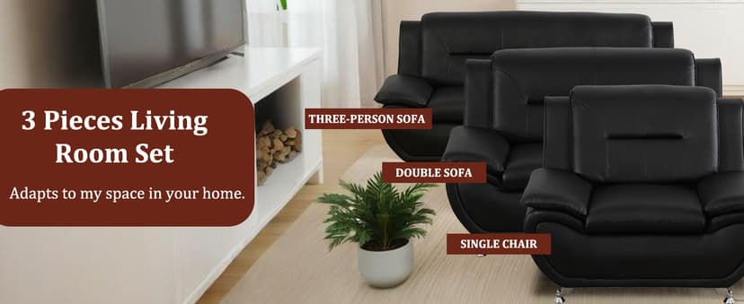 Ocstta Modern 3 Piece Living Room Couch Set, Faux Leather Sofa Set, Black