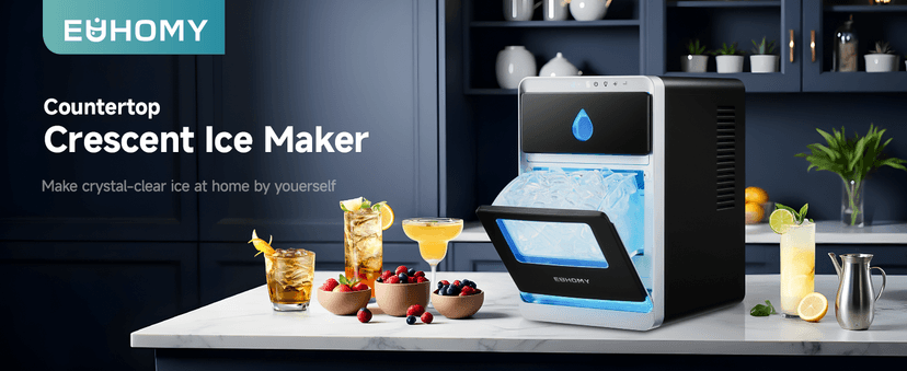 EUHOMY LunaArc Crescent Ice Maker Countertop, 16Pcs Ready in 12Mins, 1600Pcs/Day, Auto Deep Cleaning, Timer, Adjustable Ice Thickness, Portable Ice Cube Maker for Whiskey/Coffee/Soft Drinks