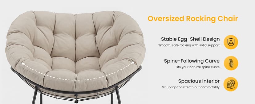 NEWBULIG Outdoor Patio Rocking Chair with 5.5" Thick Cushion, Oversized Egg Lounge Chair, 450 Lbs Heavy Duty, Water-Repellent Fabric, for Garden, Porch, Living Room