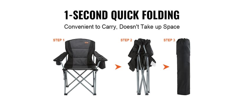VEVOR Oversized Camping Folding Chair, Portable Heavy Duty Outdoor Quad Lumbar Back Padded with Side Pockets, Cup Holder and Cooler Bag for Beach, Lawn, Picnic, Fishing, Backpacking, Black